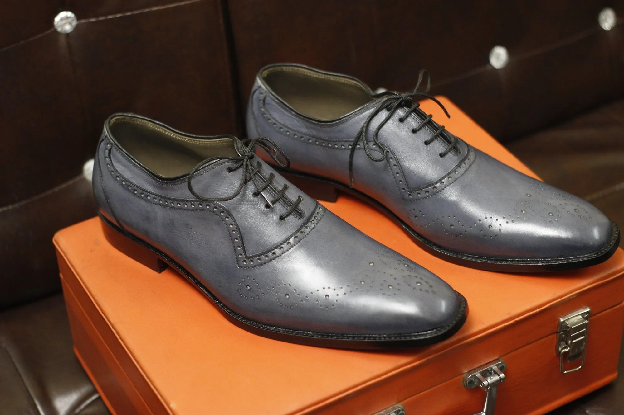 New Men's Handmade Formal Shoes Grey Leather Lace Up Stylish Brogue Toe Dress & Formal Wear Shoes