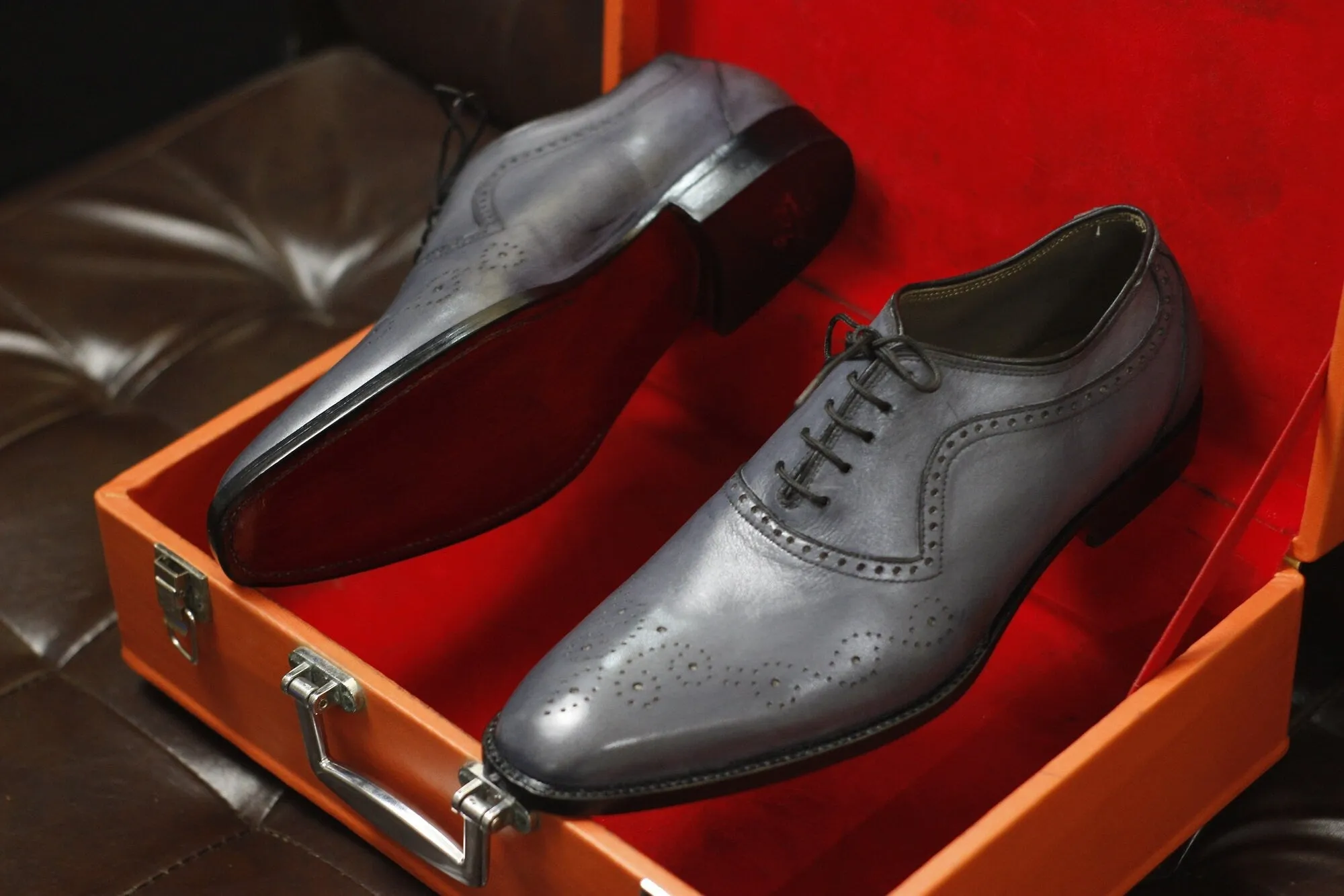 New Men's Handmade Formal Shoes Grey Leather Lace Up Stylish Brogue Toe Dress & Formal Wear Shoes