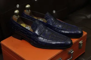New Men's Handmade Formal Shoes Navy Blue Shaded Crocodile Textured Leather Slip On Stylish Loafer Moccasin Shoes