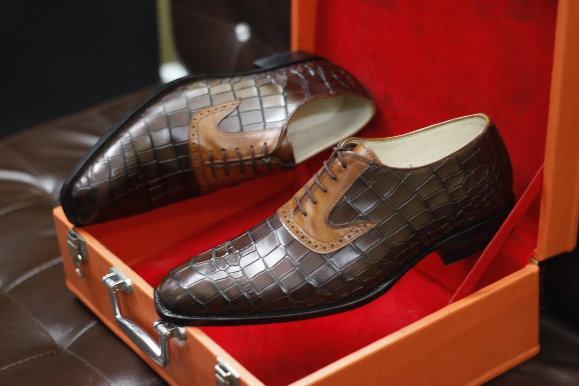 New Men's Handmade Formal Shoes Tan Brown Crocodile Textured Leather Lace Up Stylish Dress & Formal Wear Shoes