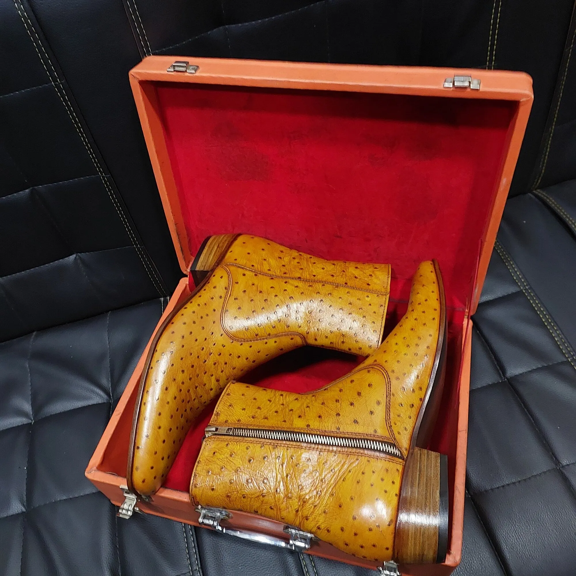 New Men's Handmade Formal Shoes Tan Ostrich Textured Leather Pull On Ankle High Cowboy Boots