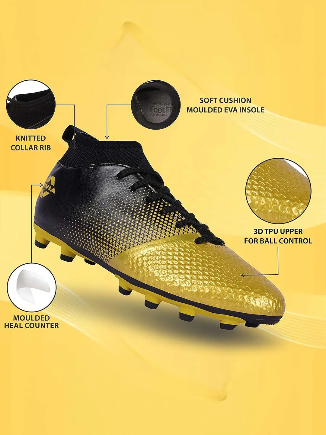 Nivia Ashtang Gold Football Stud For Men (Black, Golden)
