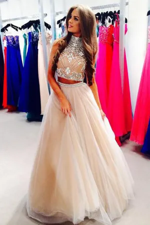 Two Pieces Prom Dresses with Beading,O-Neck Prom Dresses,Real Made Prom Gowns,SIM627