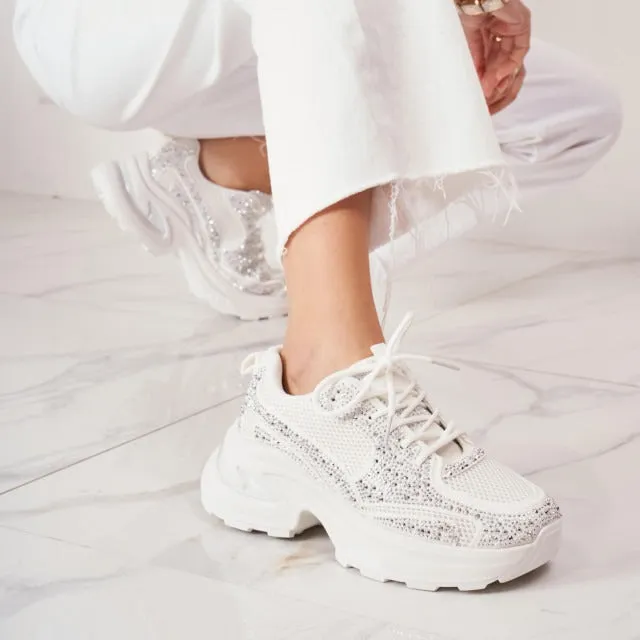 WHITE RHINESTONE DETAIL CHUNKY LACE UP SNEAKERS TRAINERS