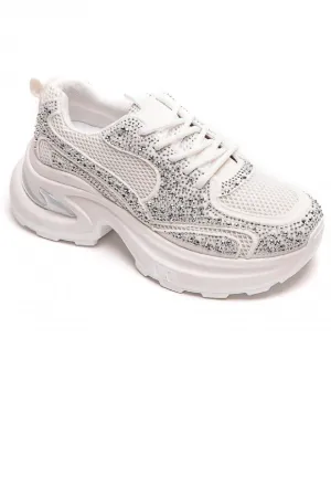 WHITE RHINESTONE DETAIL CHUNKY LACE UP SNEAKERS TRAINERS