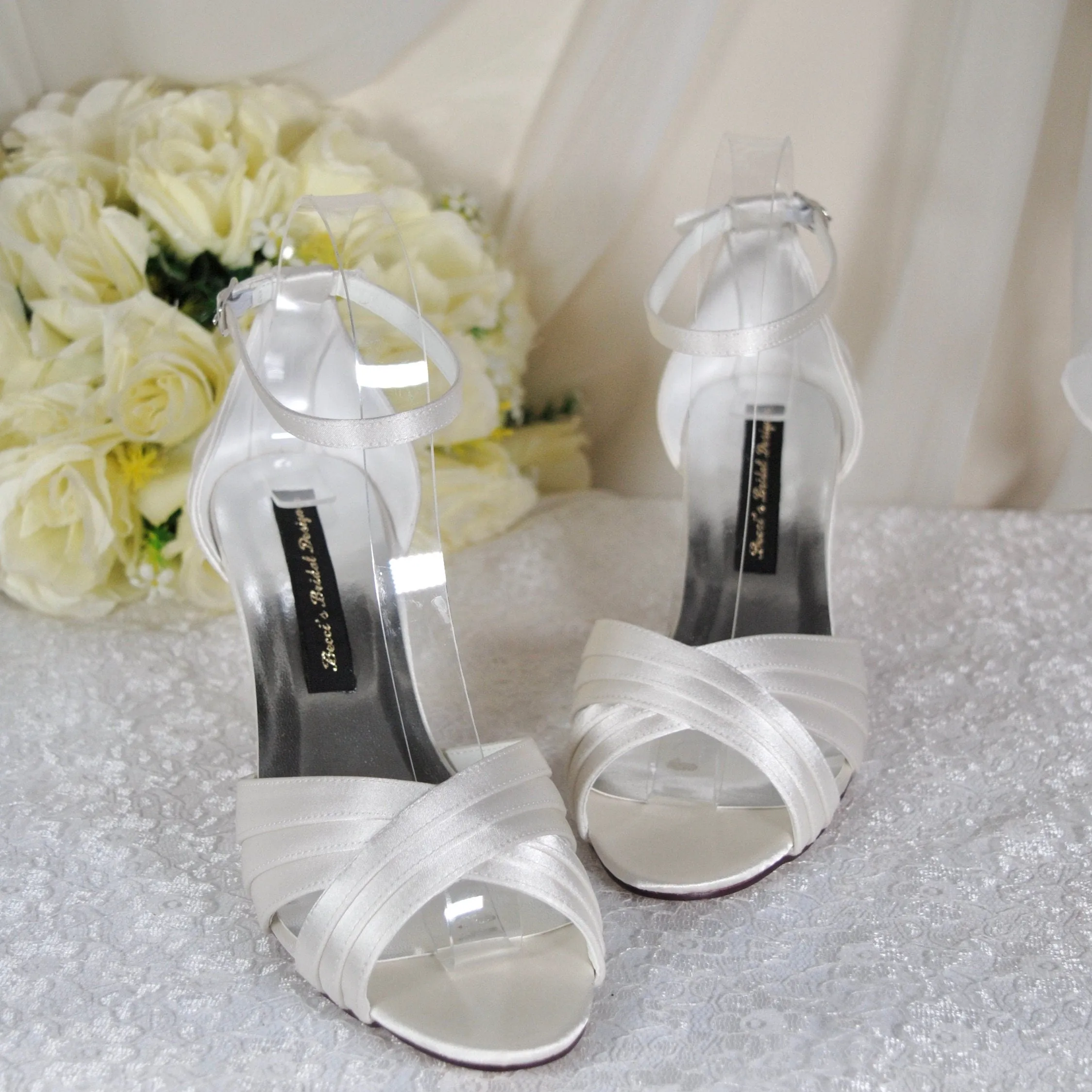 White Satin Low Heel Wedding Sandals UK6/US8.5