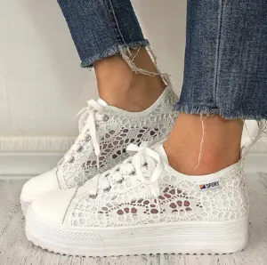 Women's white flower embroidery hollow chunky platform front lace sneakers | Summer breathable canvas shoes