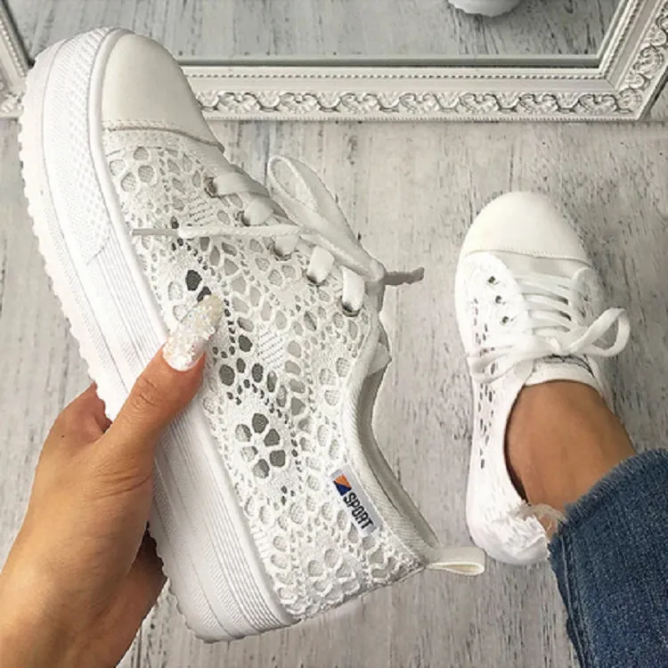 Women's white flower embroidery hollow chunky platform front lace sneakers | Summer breathable canvas shoes