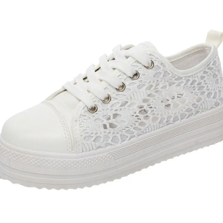 Women's white flower embroidery hollow chunky platform front lace sneakers | Summer breathable canvas shoes