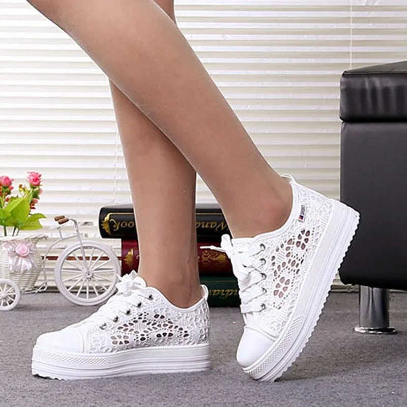 Women's white flower embroidery hollow chunky platform front lace sneakers | Summer breathable canvas shoes