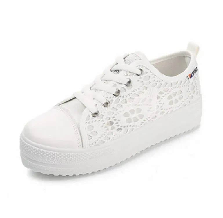 Women's white flower embroidery hollow chunky platform front lace sneakers | Summer breathable canvas shoes